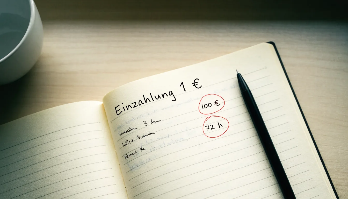 Ein aufgeschlagenes Notizbuch mit handschriftlichen Notizen und ein Kugelschreiber liegen auf einem hellen Schreibtisch neben einer Kaffeetasse.