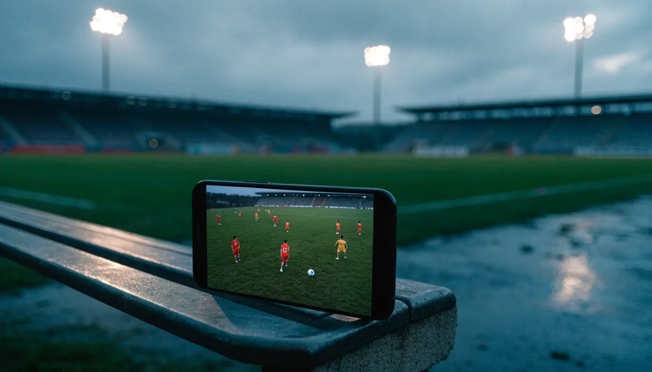 Ein Fußballplatz mit Flutlichtmasten in der Abenddämmerung, aus der Ferne gesehen, leere Tribünen und nasser Rasen unter bewölktem Himmel.