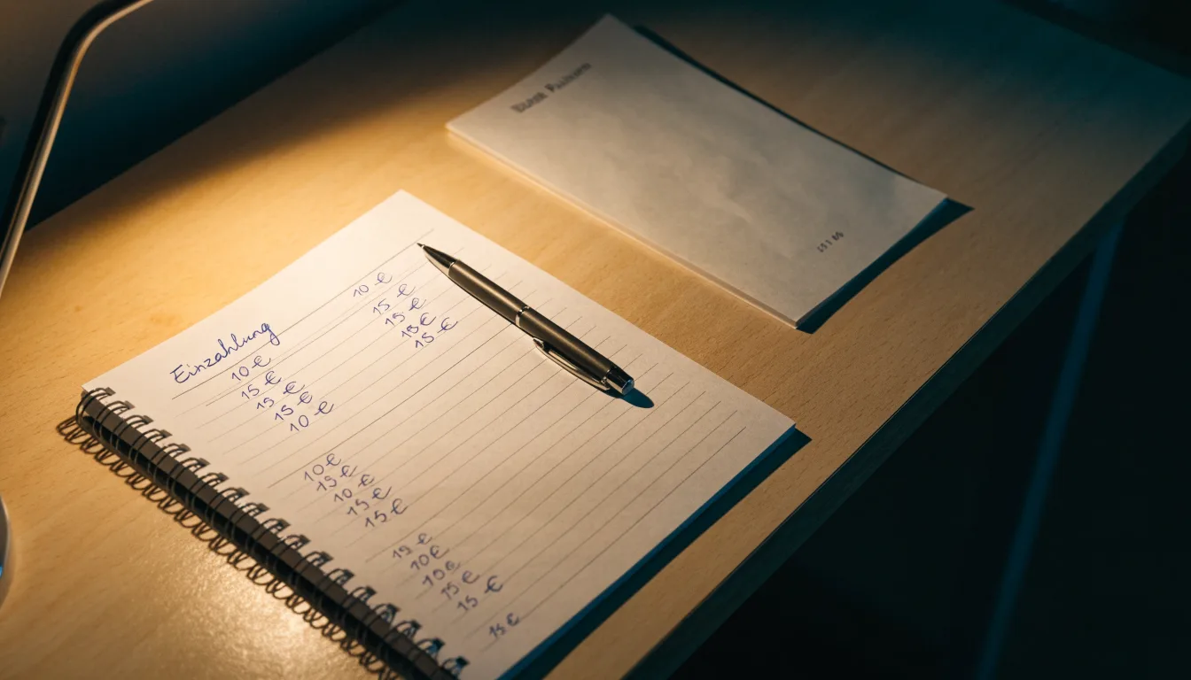Ein Taschenrechner und ein Blatt Papier mit handschriftlichen Notizen liegen auf einem Schreibtisch unter dem warmen Licht einer Lampe.