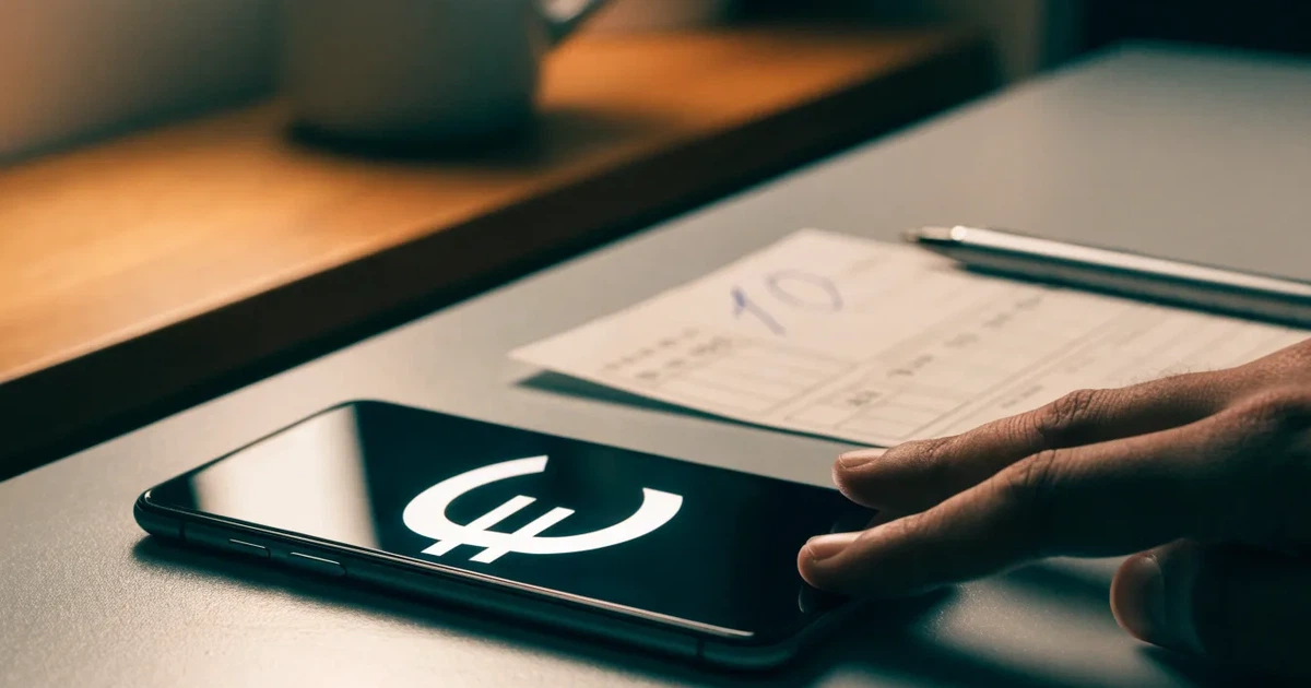 Eine Hand legt ein paar Münzen neben ein umgedrehtes Smartphone auf eine graue Tischplatte, dahinter verschwommen ein Küchenregal.