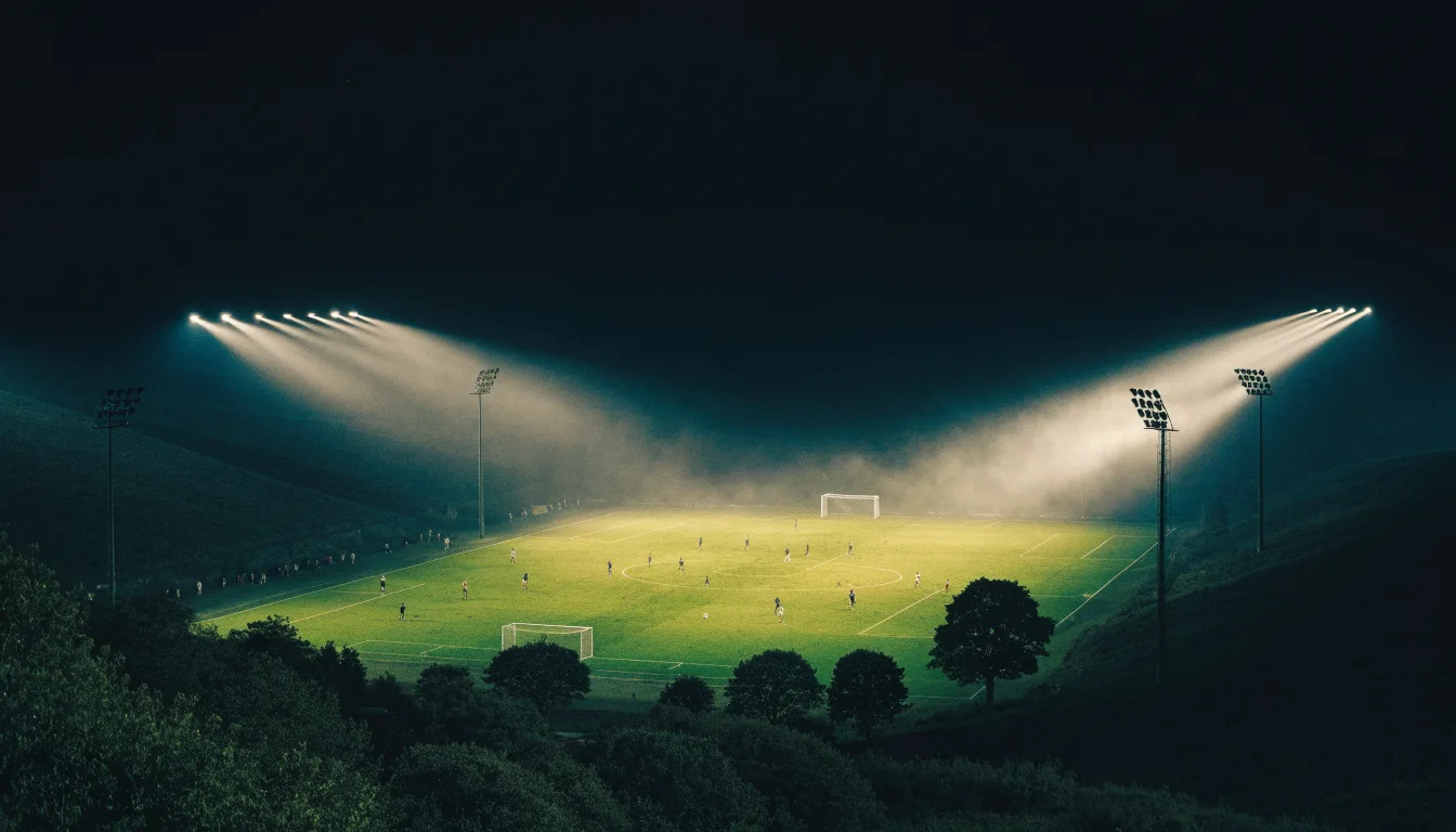 Ein Stadion unter Flutlicht bei Nacht, von einem Hügel aus der Ferne betrachtet, mit Dunst über dem Spielfeld.
