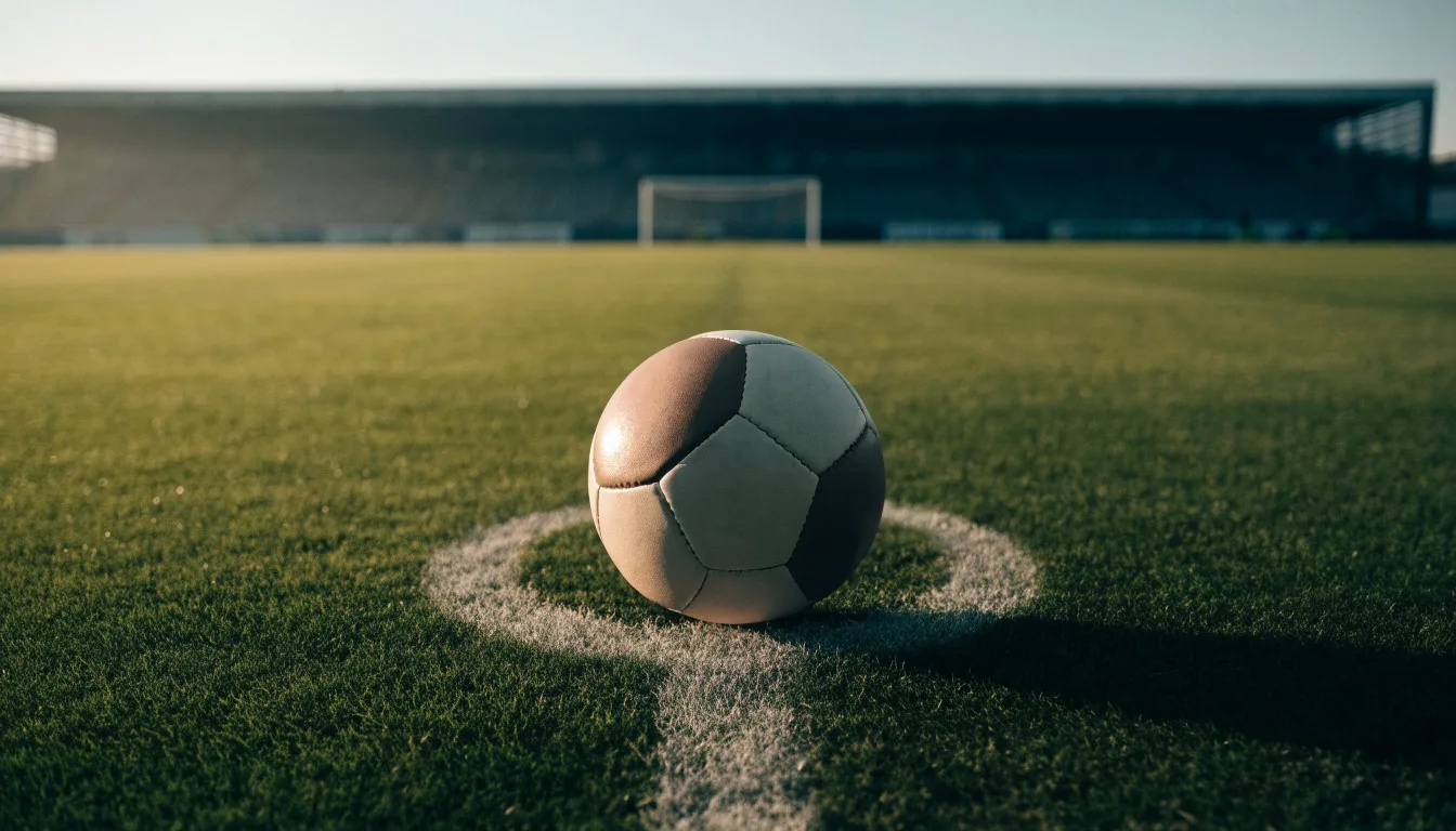 Ein Fußball liegt auf dem Elfmeterpunkt eines leeren Rasenplatzes, im Hintergrund eine Tribüne im Dunst.