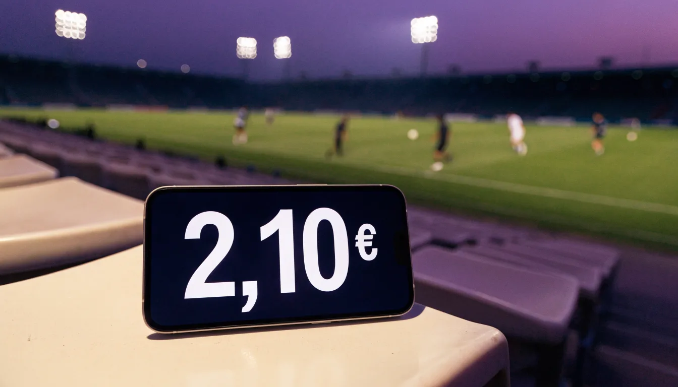 Ein Fußballstadion von außen in der Dämmerung, hohe Flutlichtmasten vor einem violetten Himmel, davor ein leerer Parkplatz.