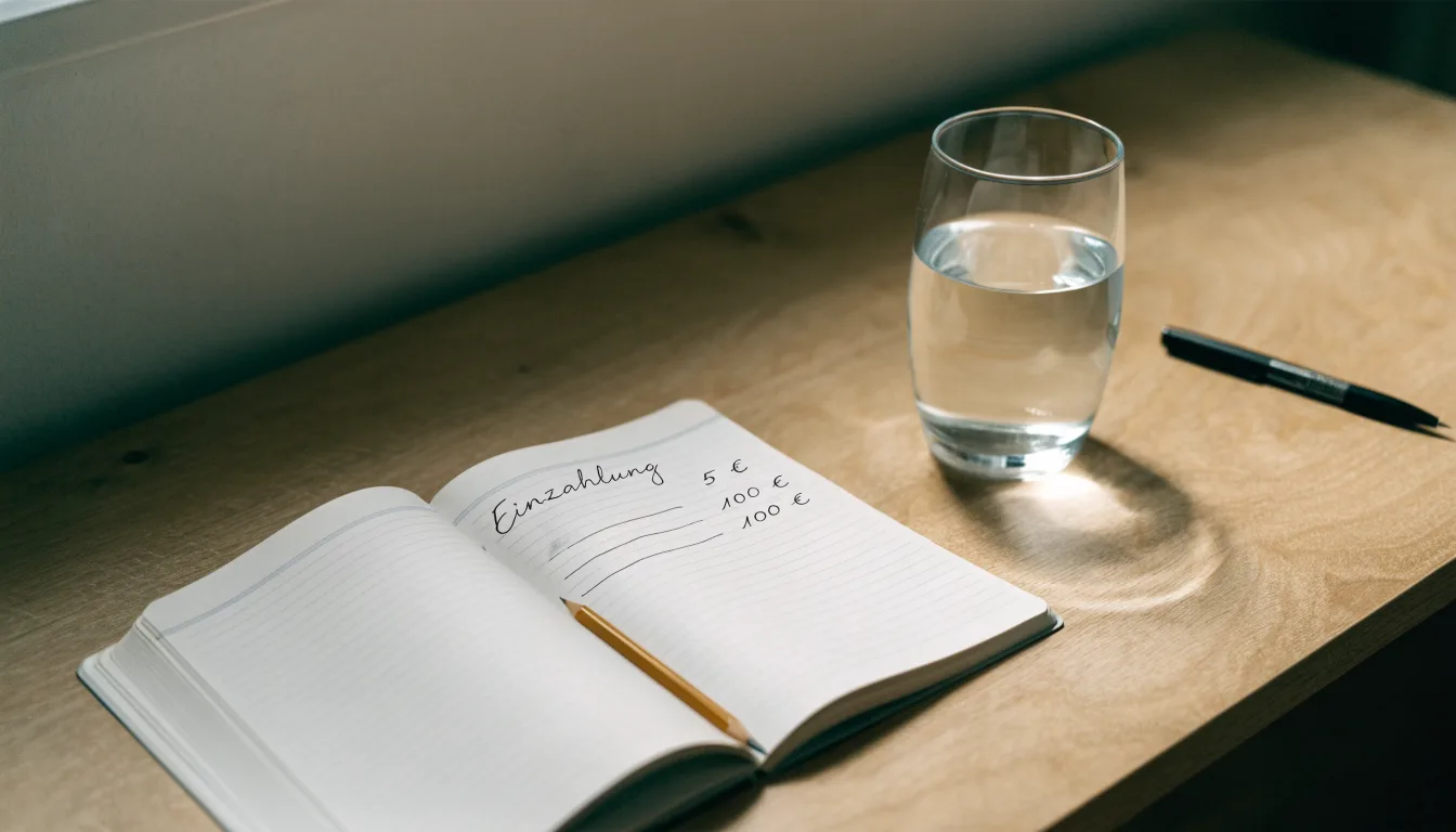 Ein aufgeschlagenes Heft mit handschriftlichen Notizen und ein Bleistift liegen auf einem Schreibtisch, daneben ein Glas Wasser.