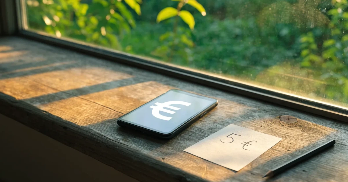 Eine Geldbörse aus Leder liegt geöffnet neben einem Smartphone auf einer Fensterbank, im Hintergrund ein Garten im Gegenlicht.