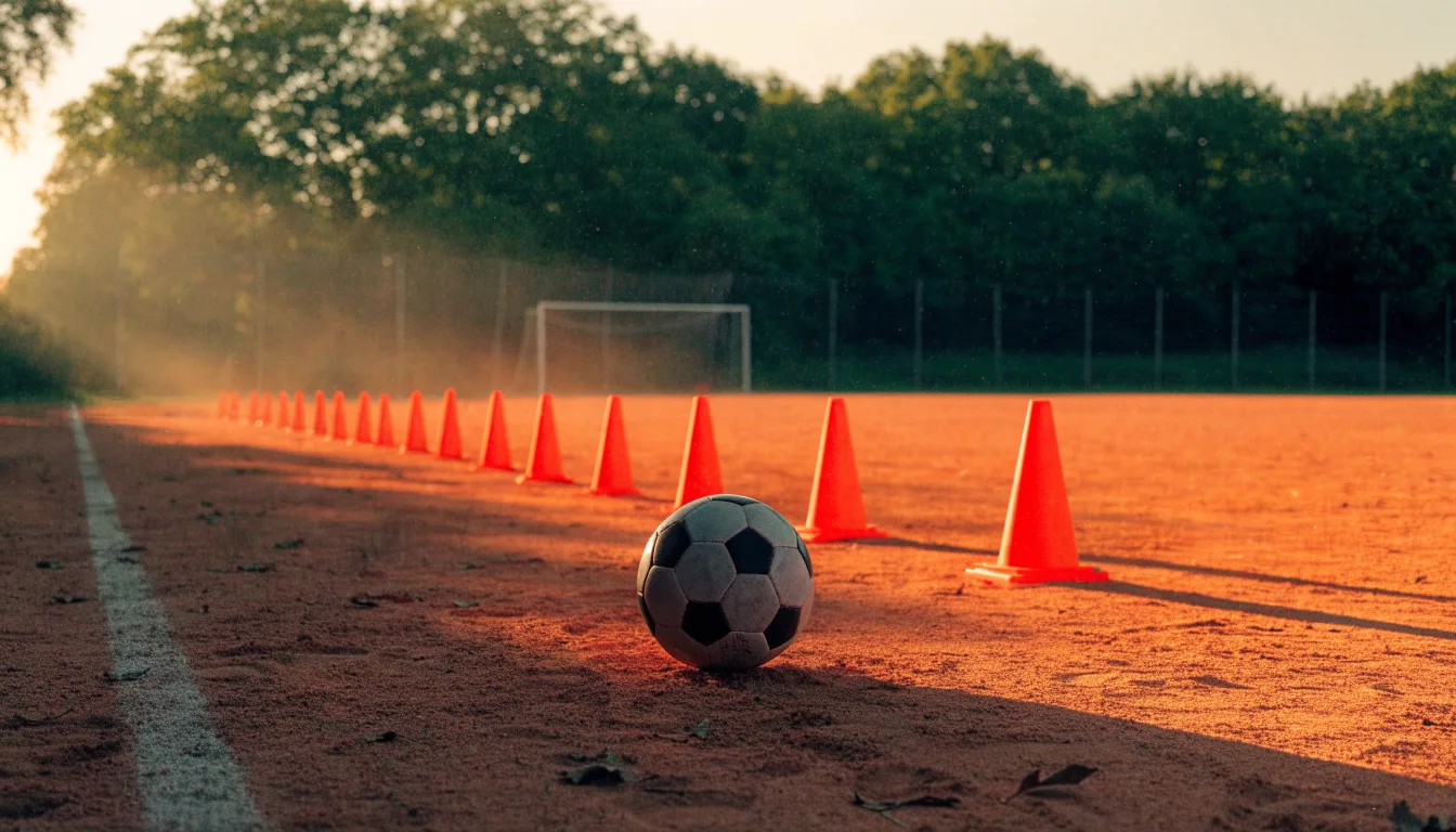 Ein Fußball auf rotem Sandboden neben einer Reihe Hütchen auf einem Trainingsplatz bei untergehender Sonne.