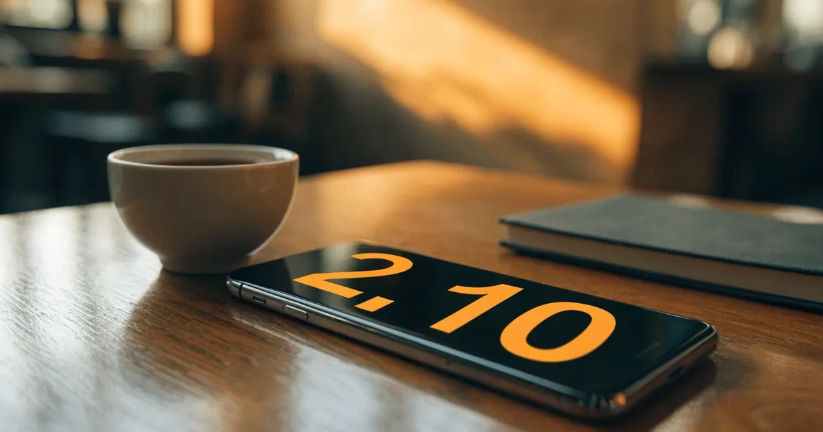 Ein Smartphone mit dunklem Bildschirm liegt auf einem Tisch in einem Café, daneben eine Tasse und ein Notizbuch.