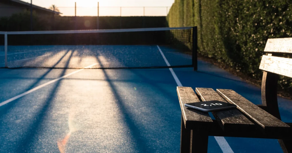 Ein leerer Tennisplatz mit Hartplatzbelag in der Morgendämmerung, das Netz im Gegenlicht und lange Schatten der Linien.