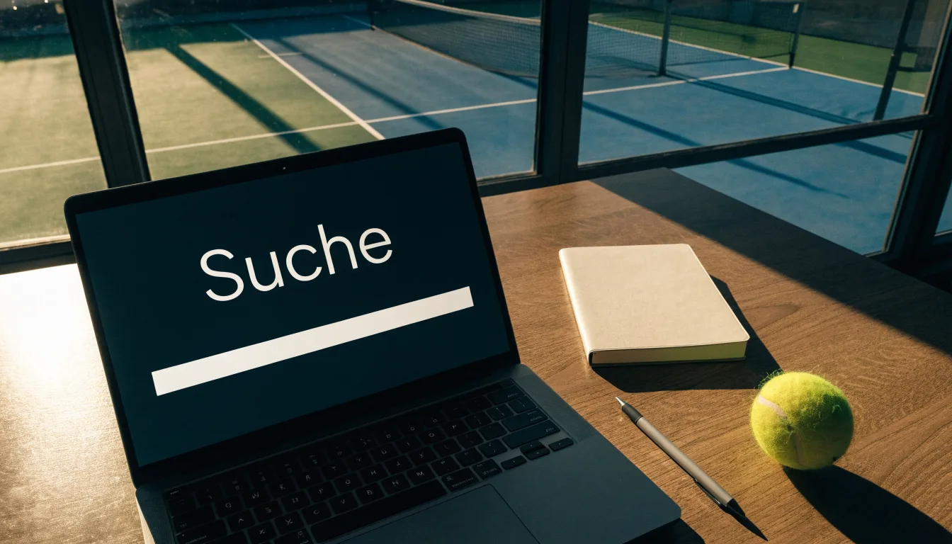 Ein leerer Schiedsrichterstuhl am Spielfeldrand eines Tennisplatzes im Abendlicht, lange Schatten auf dem Belag.