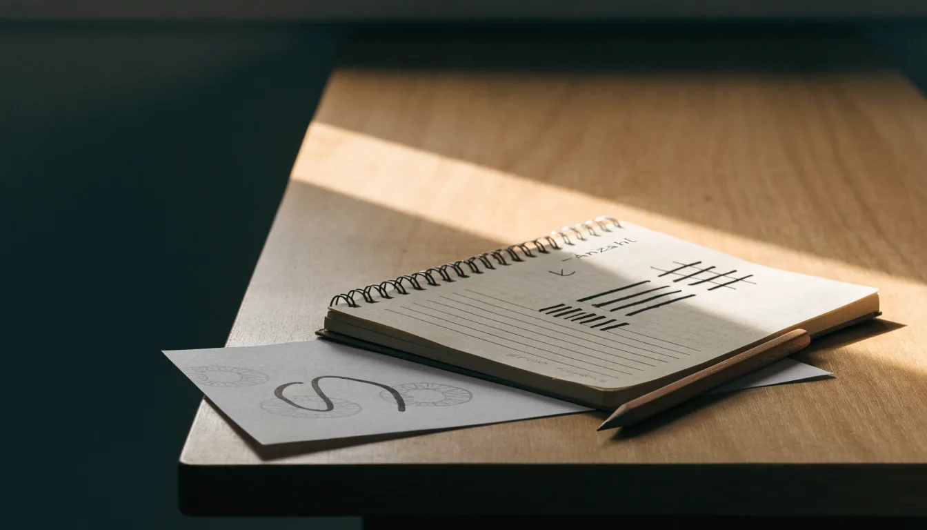 Ein handschriftlich geführtes Heft mit Strichlisten liegt neben einem Bleistift auf einem Tisch, seitlich fällt Tageslicht herein.