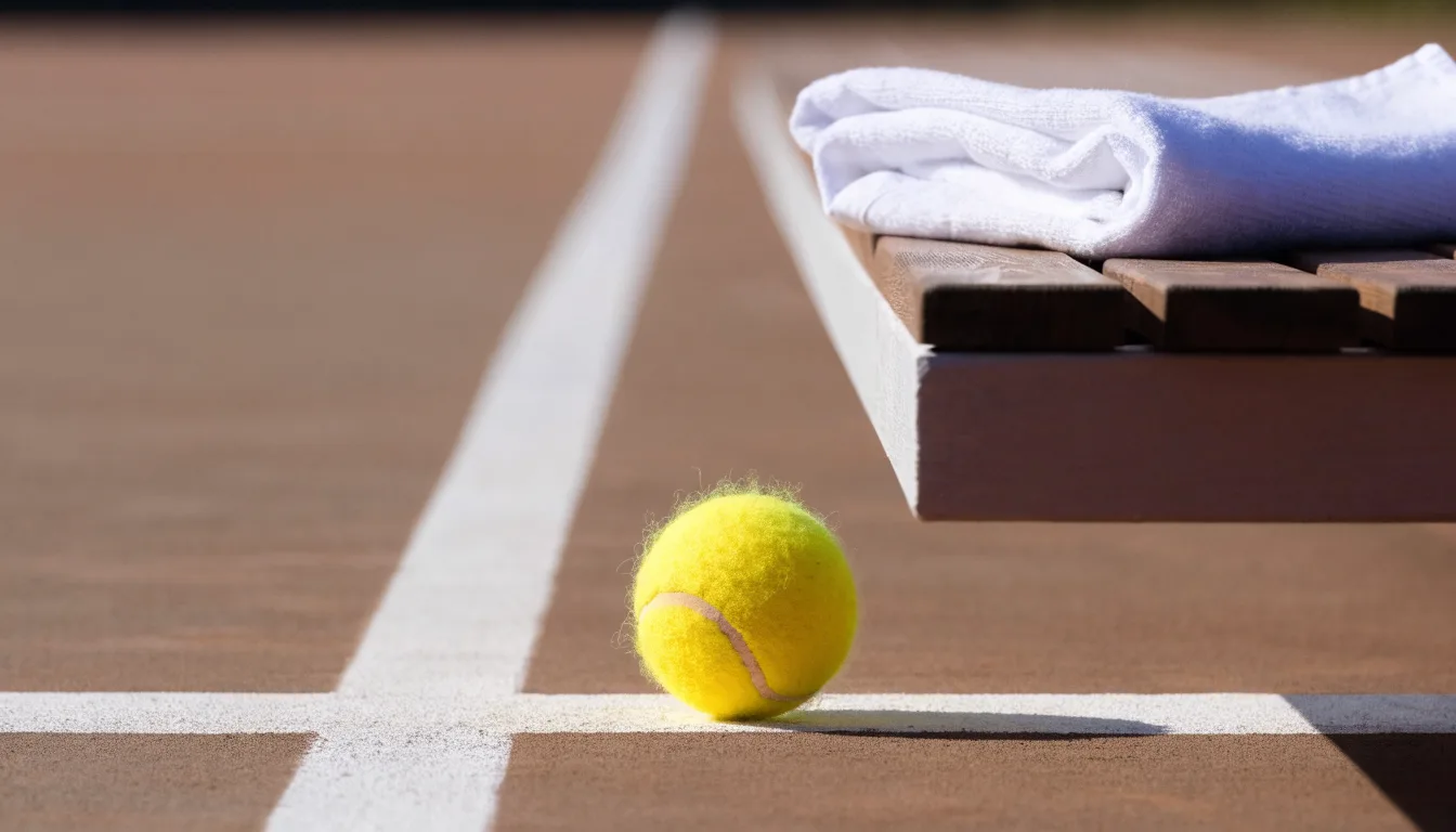 Ein gelber Tennisball liegt auf einer weißen Linie, daneben ein Handtuch auf einer Bank am Spielfeldrand.