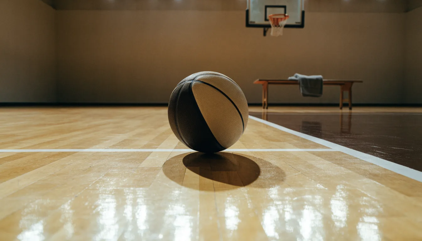 Ein Basketball liegt auf der Freiwurflinie einer Halle, im Vordergrund ein Handtuch auf einer Bank.