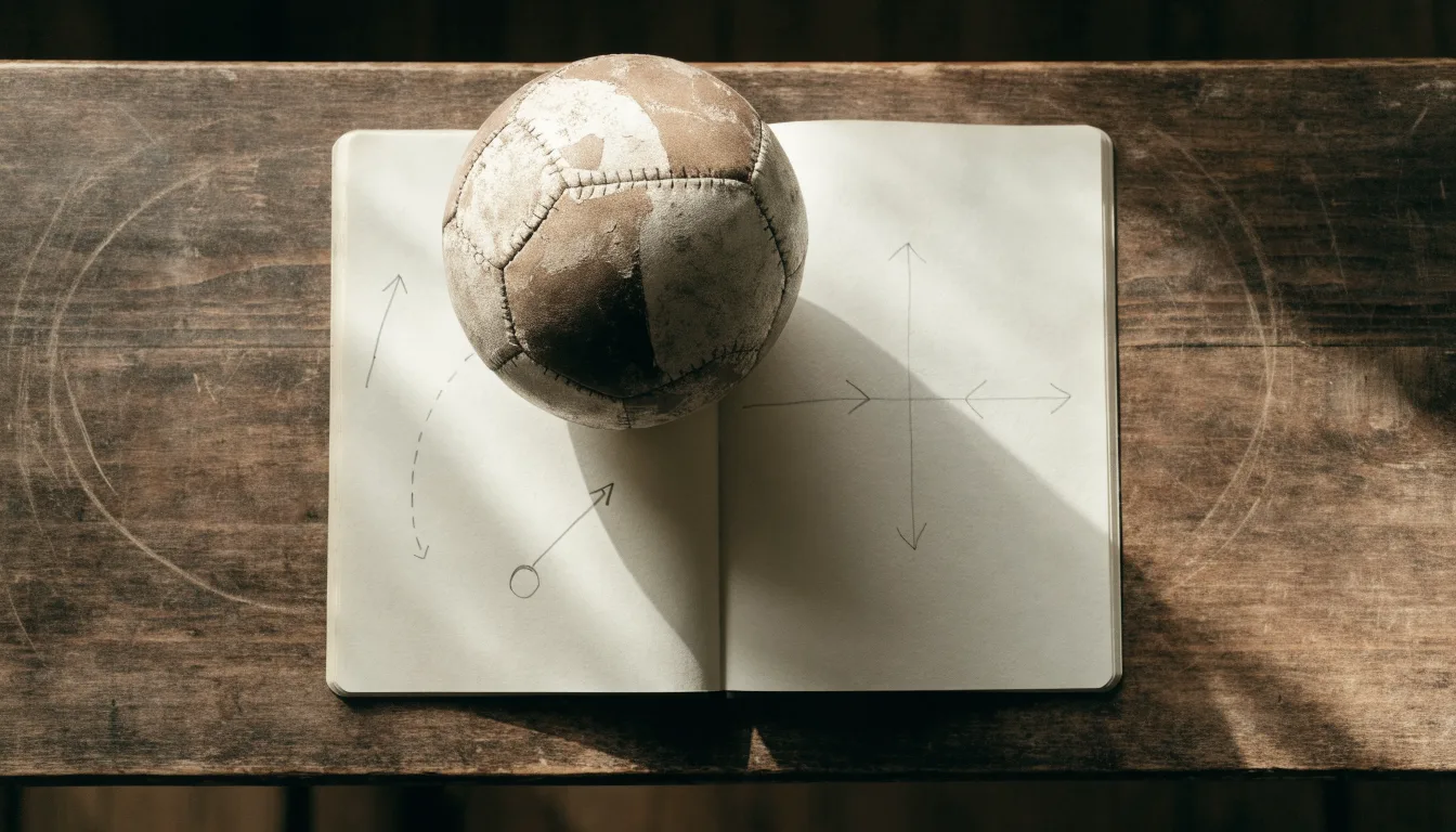Ein Fußball liegt auf einem Notizbuch mit handgezeichneten Skizzen von Spielzügen, aufgenommen von oben auf einem Holztisch.
