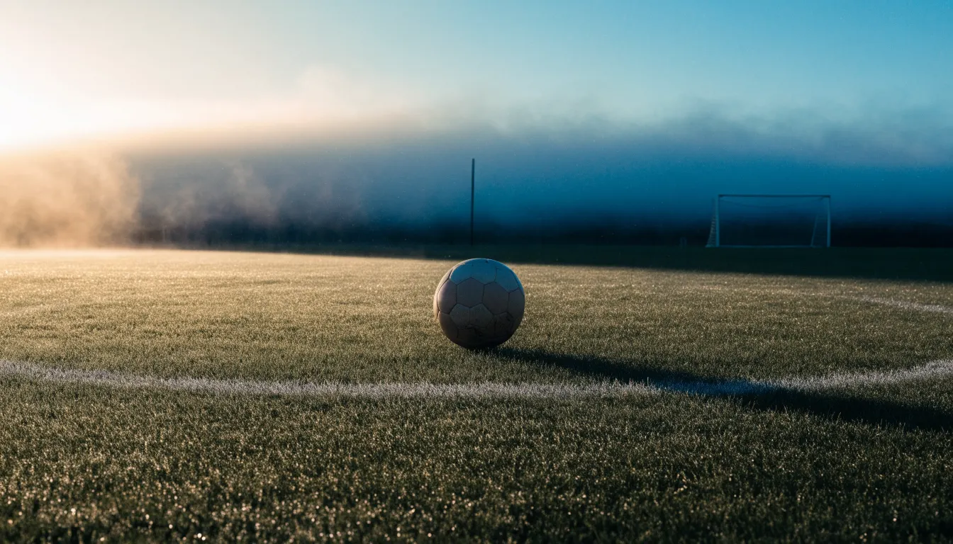 Ein Fußball liegt auf dem Anstoßpunkt eines Rasens bei Sonnenaufgang, Tau glitzert auf den Halmen.