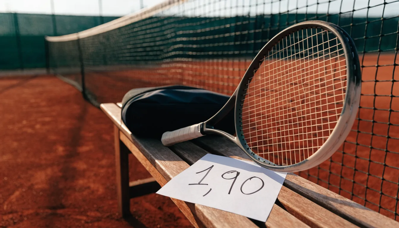 Ein Tennisschläger lehnt an einer Bank neben einer Sporttasche, im Hintergrund ein leerer Platz.