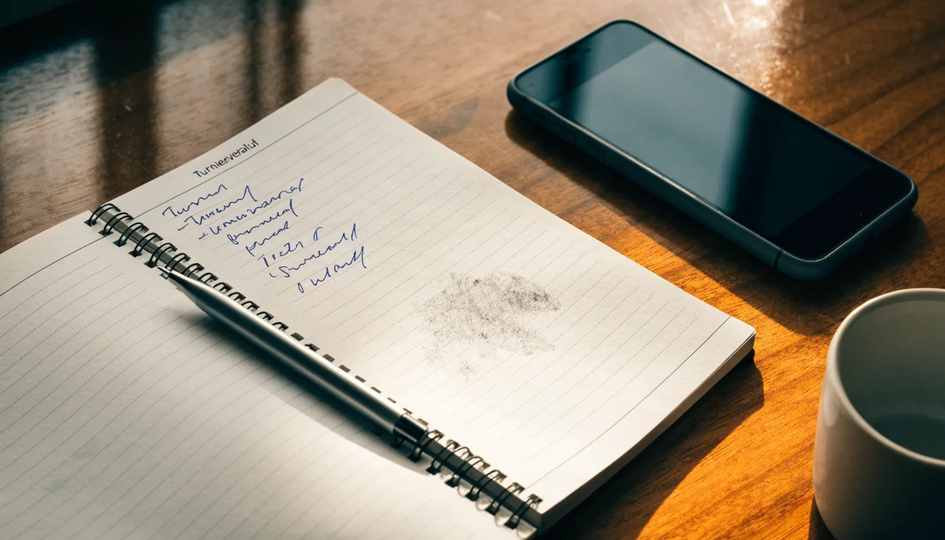 Ein Notizbuch mit handschriftlichen Notizen und ein Kugelschreiber liegen neben einem Smartphone mit dunklem Display auf einem Holztisch.