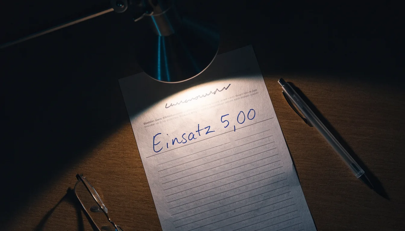 Ein leerer Wettschein aus Papier liegt neben einem Stift auf einem Schreibtisch im Licht einer kleinen Tischlampe.