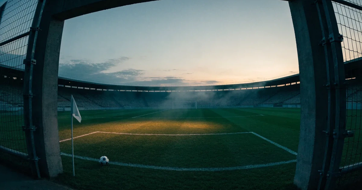 Blick durch ein Stadiontor auf einen grünen Rasen im Abendlicht, ein Ball ruht an der Eckfahne, die Tribünen sind leer.