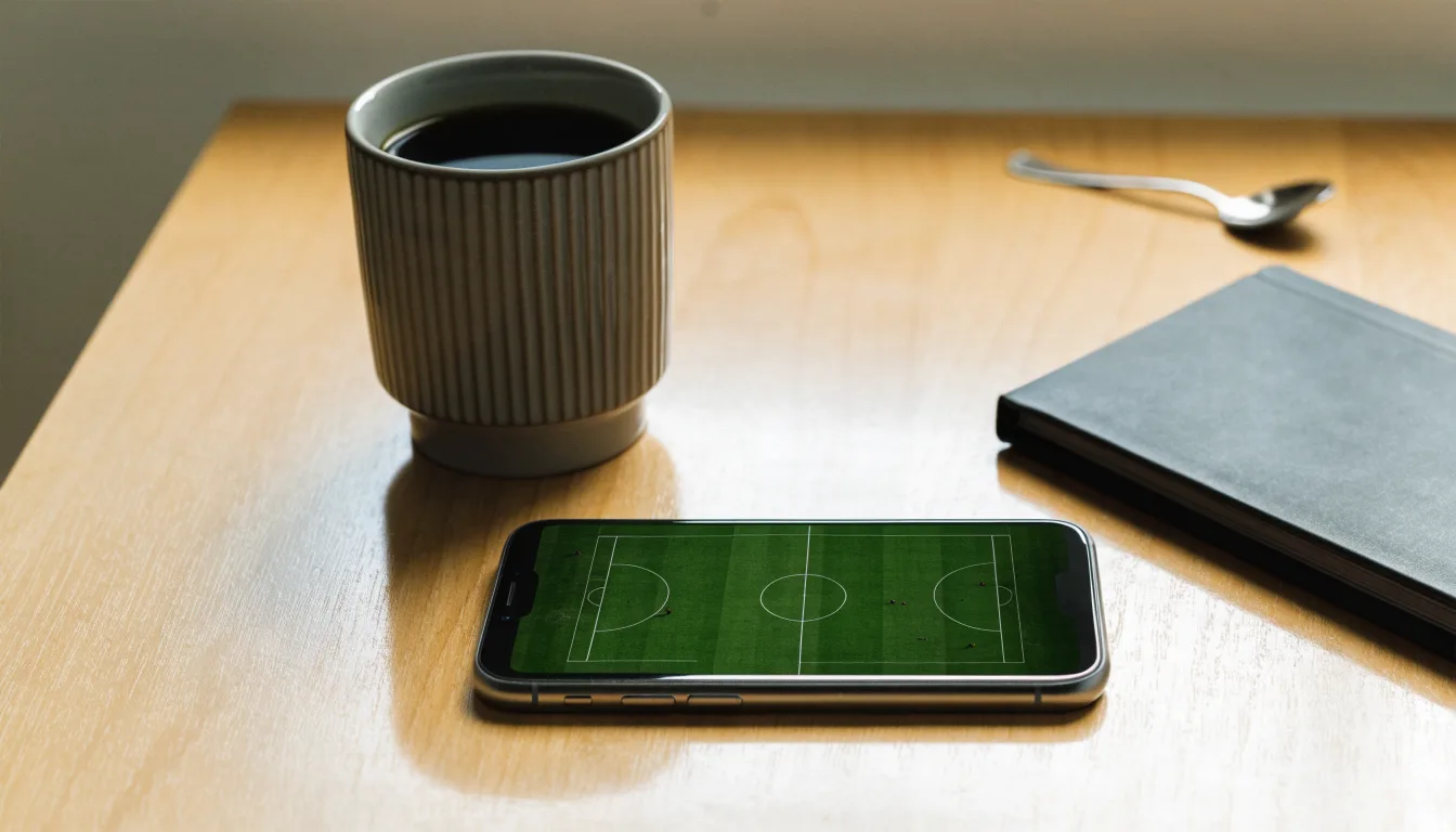 Ein Smartphone mit dunklem Display liegt neben einer Kaffeetasse und einem Notizblock auf einem hellen Tisch.