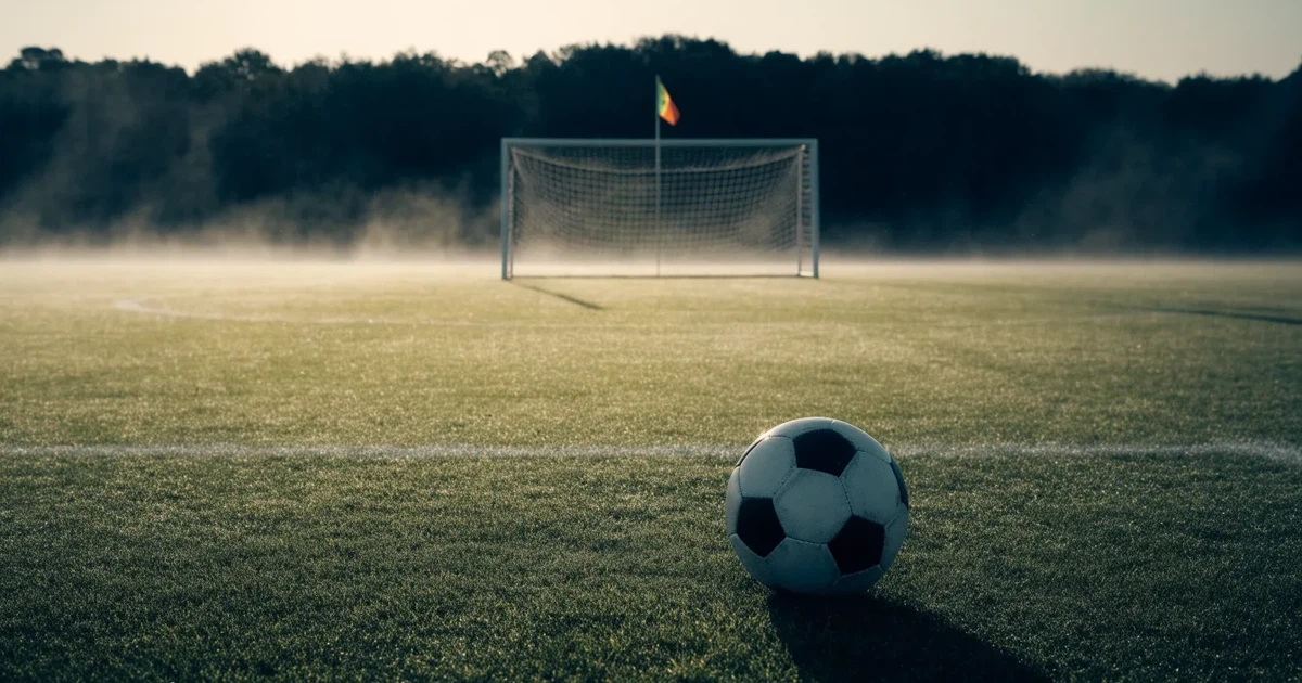 Ein Fußballtor mit gespanntem Netz steht auf einem leeren Rasenplatz, davor ein einzelner Ball, Morgendunst liegt über dem Feld.