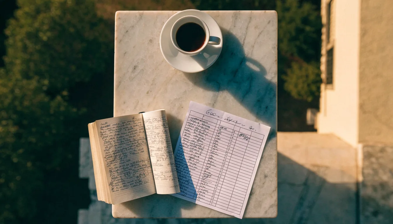 Eine Espressotasse steht auf einem kleinen Marmortisch einer Terrasse, daneben ein Notizheft mit handschriftlichen Skizzen.