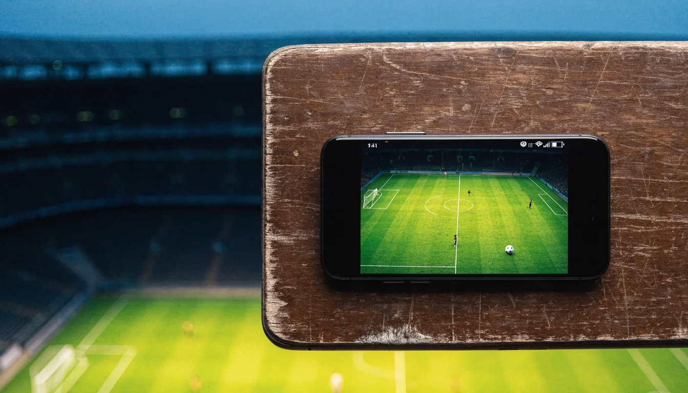 Eine leere Stadiontribüne unter Flutlicht aus der Ferne betrachtet, die Rasenfläche leuchtet grün in der Dämmerung.