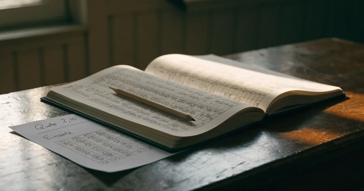 Ein aufgeschlagenes Notizbuch mit handschriftlichen Zahlenreihen und ein Bleistift liegen neben einem Taschenrechner auf einem Schreibtisch.
