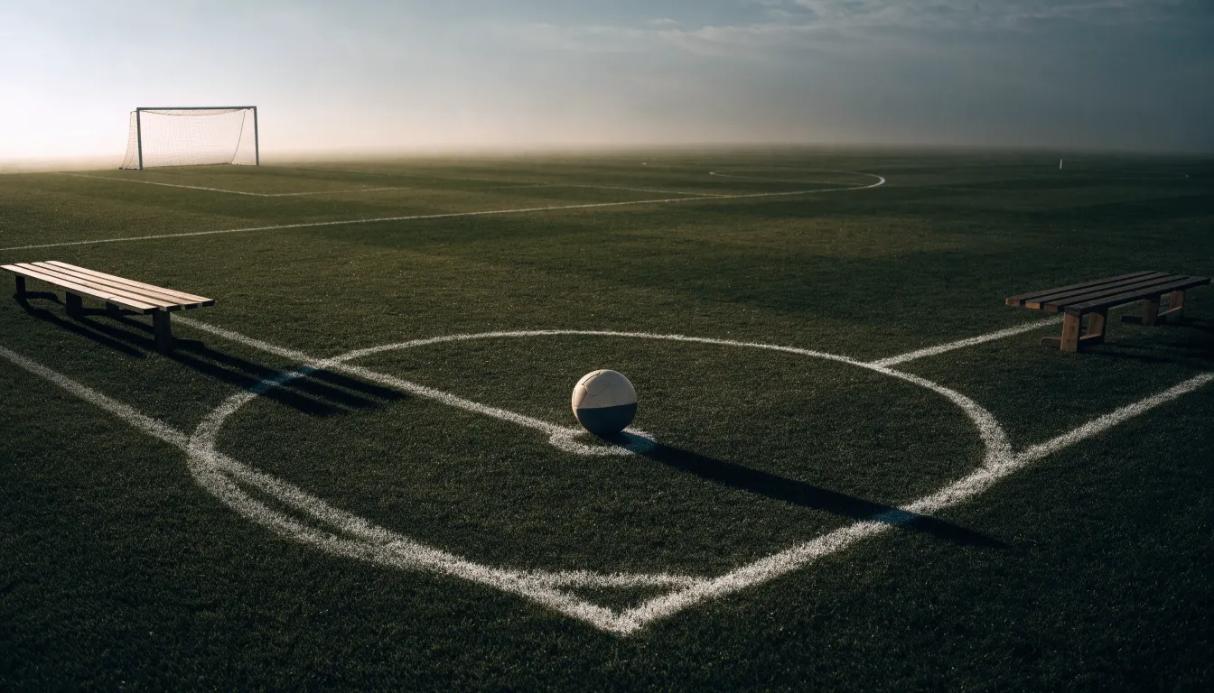 Ein Fußballplatz mit frisch gezogenen Kreidelinien im ersten Morgenlicht, leere Ersatzbänke am Spielfeldrand.