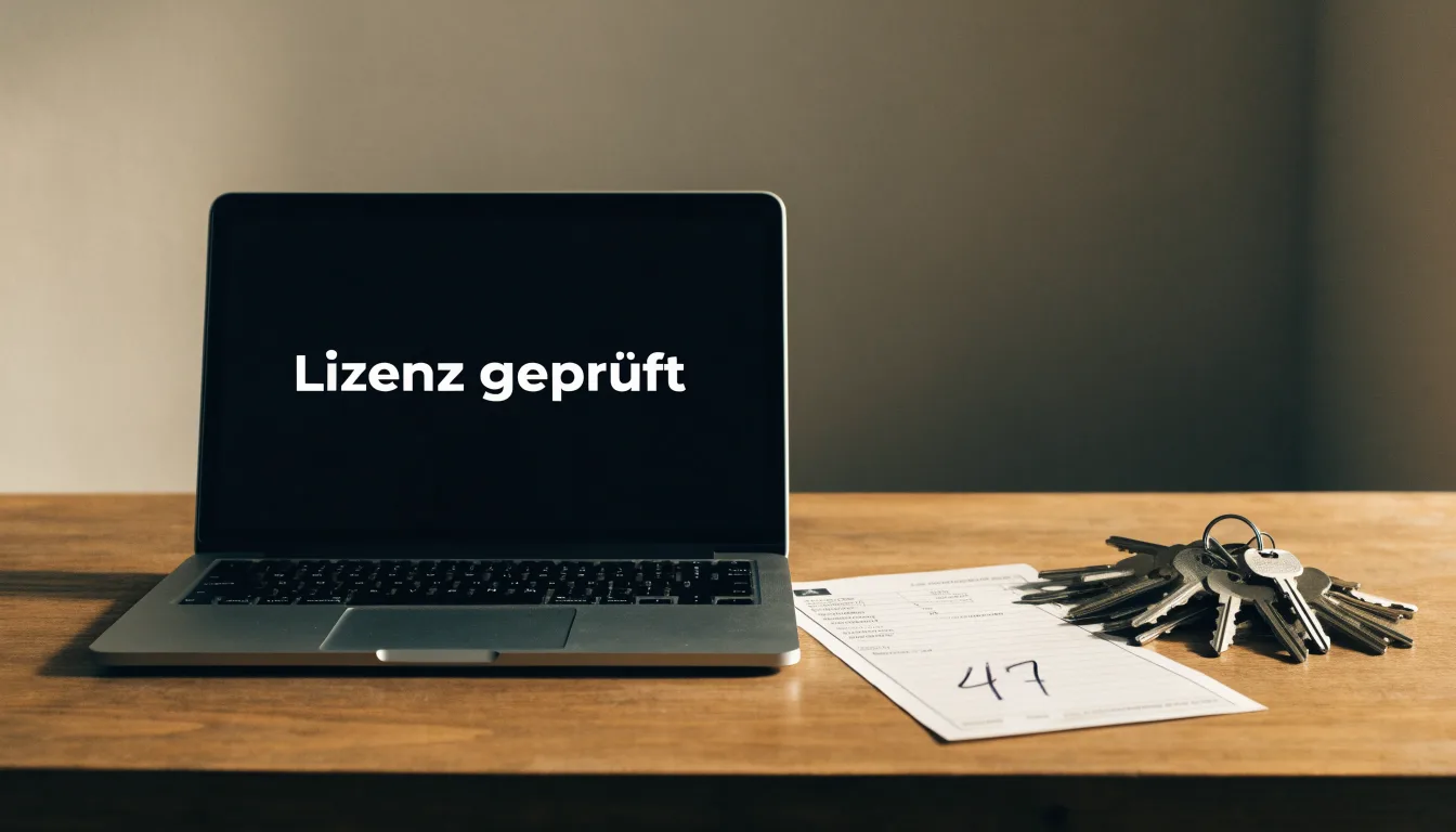 Ein Schlüsselbund liegt auf einer Holzplatte neben einem Taschenkalender, im Hintergrund eine verschwommene Büroeinrichtung.