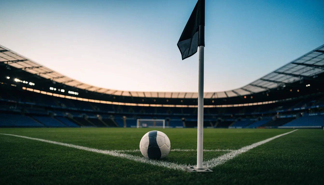 Ein Fußball liegt neben einem Eckfahnen-Pfosten auf einem Rasenplatz, im Hintergrund ein leeres Stadion in der Dämmerung.
