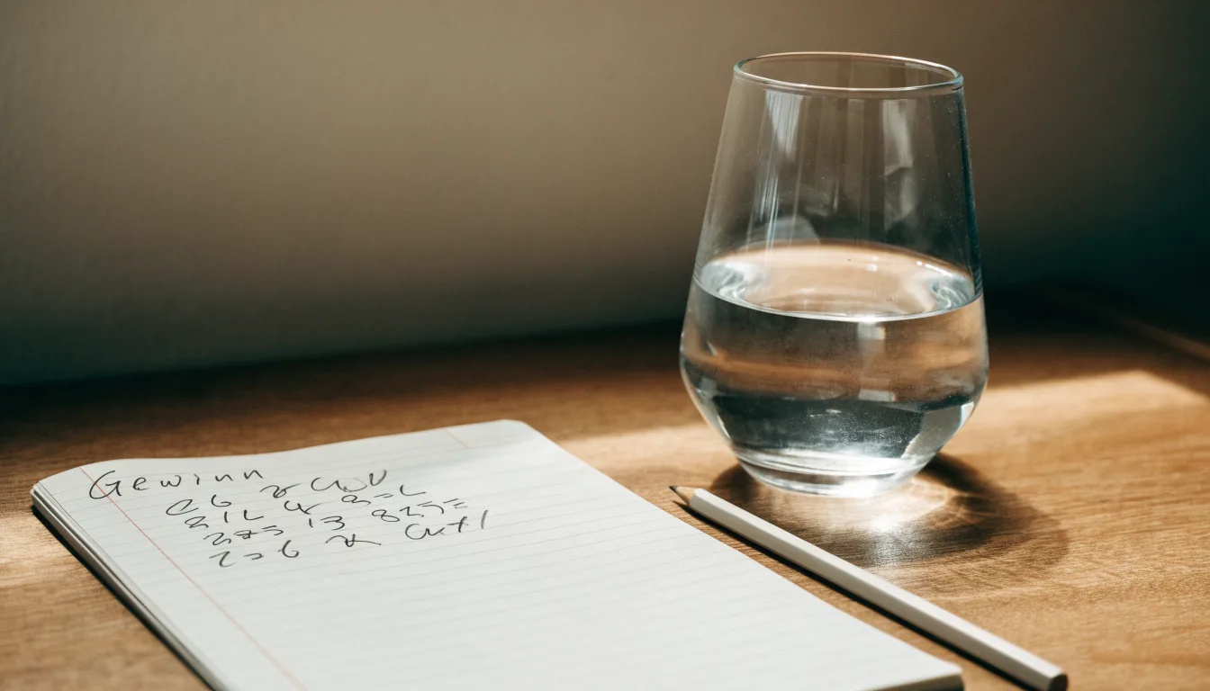 Ein Taschenrechner liegt auf einem Schreibtisch neben einem Block mit handschriftlichen Rechnungen und einem Glas Wasser.
