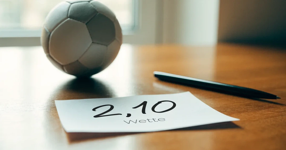 Ein leerer Papier-Wettschein und ein Kugelschreiber liegen neben einem kleinen Fußball auf einem Holztisch, weiches Fensterlicht.
