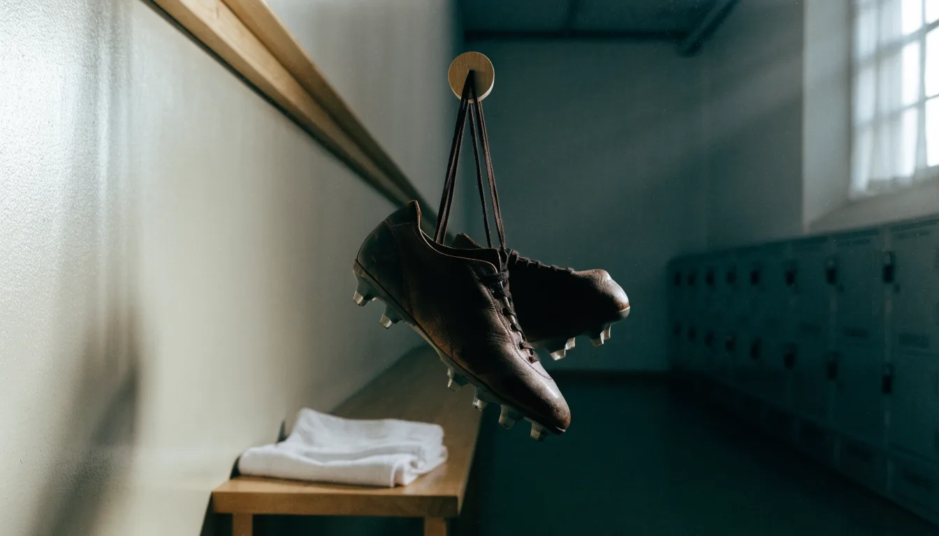 Ein Paar Fußballschuhe hängt an den Schnürsenkeln an einem Holzhaken in einer leeren Umkleidekabine.