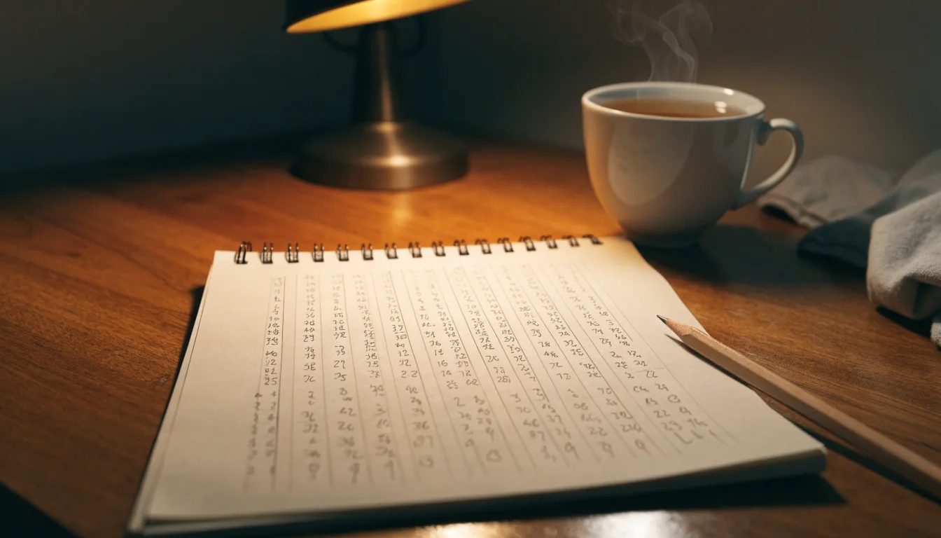 Ein Schreibtisch mit Taschenrechner, Bleistift und einem Block voller handschriftlicher Rechnungen, daneben eine Tasse Tee.