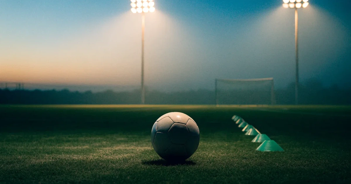 Eine Flutlichtanlage ragt über einen Trainingsplatz, auf dem Rasen liegen verstreut Hütchen und ein Ball, am Himmel die Abenddämmerung.