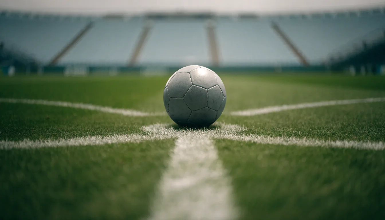 Ein Fußball liegt auf dem Rasen im Mittelkreis, die Kreidelinien führen scharf ins Bild, dahinter verschwimmt eine Tribüne.