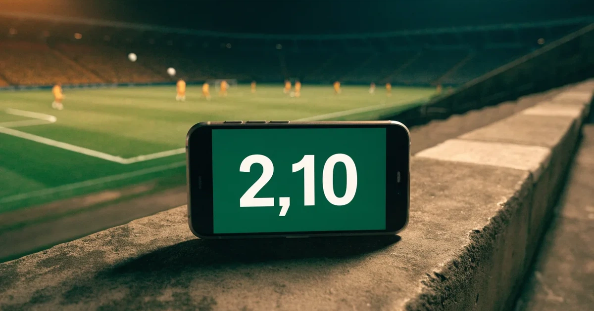 Ein großes Stadion bei Nacht, aus der Ferne unter Flutlicht gesehen, die Ränge hell erleuchtet, der Rasen leuchtend grün.