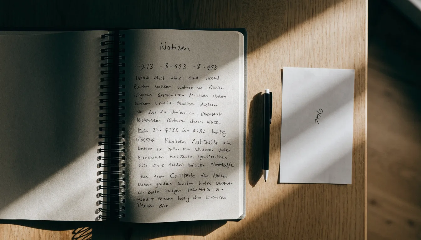 Ein aufgeschlagenes Notizbuch mit handschriftlichen Skizzen von Spielzügen liegt neben einem Kugelschreiber auf einem Holztisch.