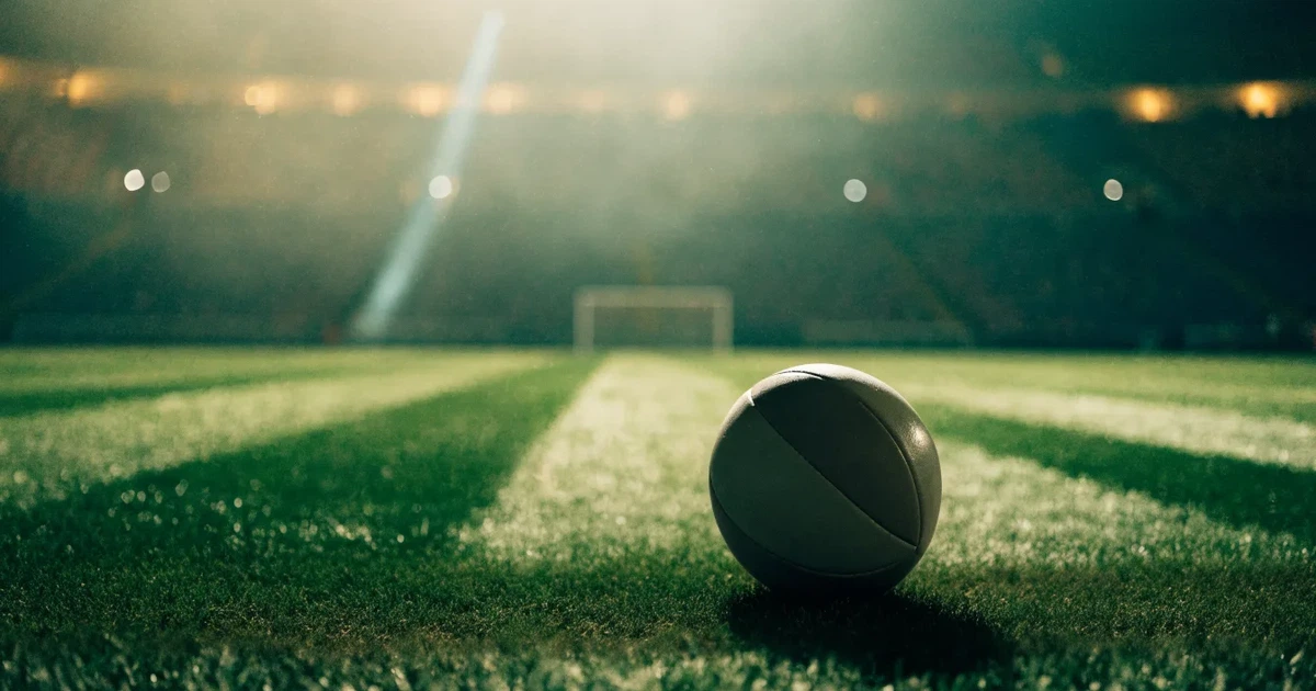 Ein Fußball liegt auf dem Rasen eines leeren Stadions bei Flutlicht, im Hintergrund unscharfe Tribünen ohne erkennbare Beschriftung.