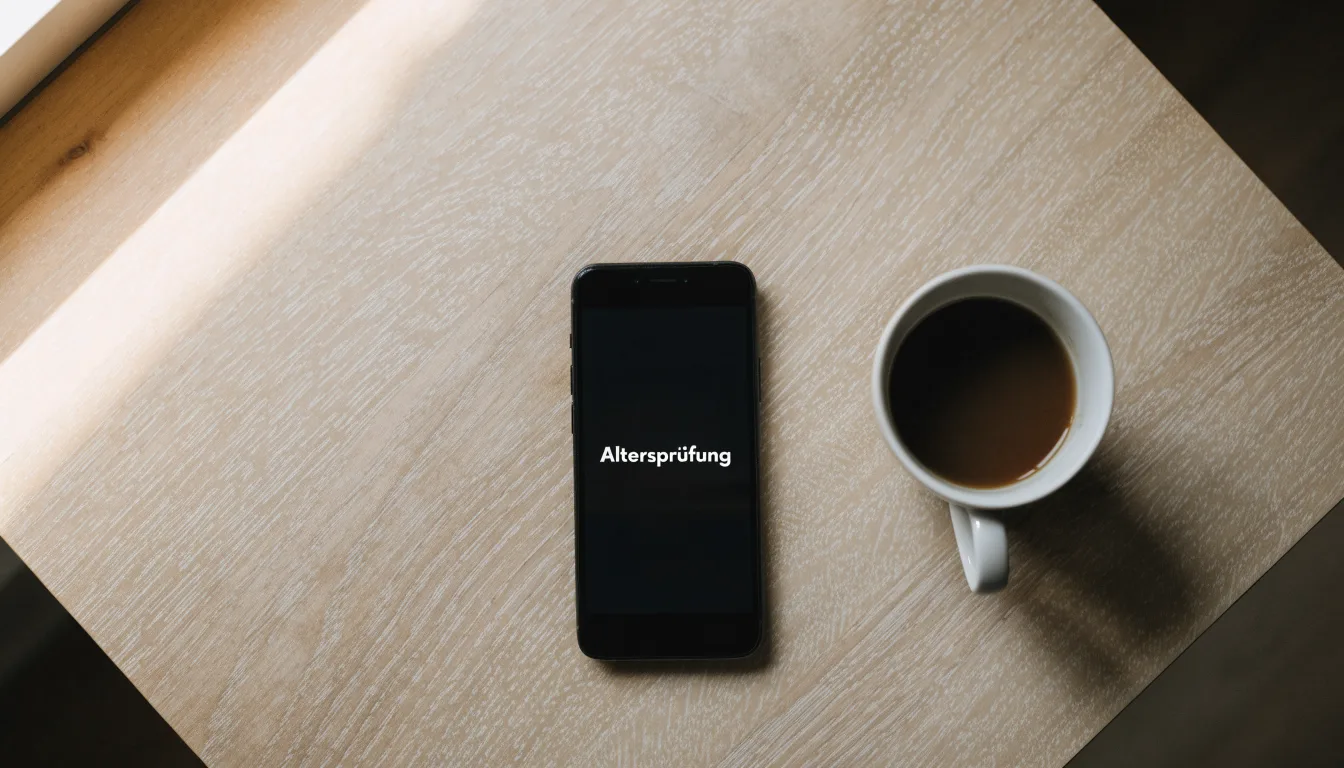 Ein Smartphone mit dunklem Display liegt neben einer Kaffeetasse auf einem Holztisch im Licht eines Fensters.
