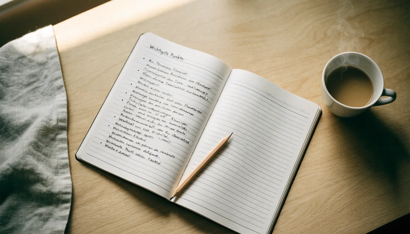 Ein aufgeschlagenes Notizbuch mit handgeschriebenen Stichpunkten und ein Bleistift liegen neben einer Kaffeetasse auf einem hellen Holztisch.