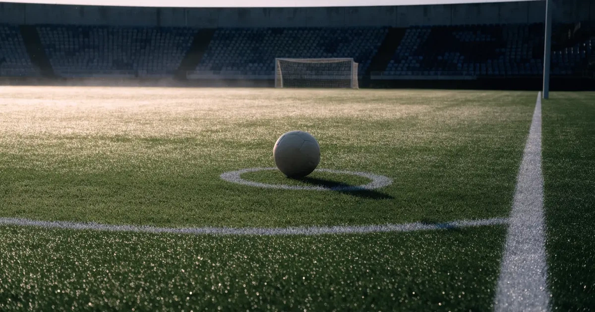Ein Fußball liegt auf dem Mittelkreis eines Stadionrasens am frühen Morgen, im Hintergrund leere Ränge ohne erkennbare Beschriftung.