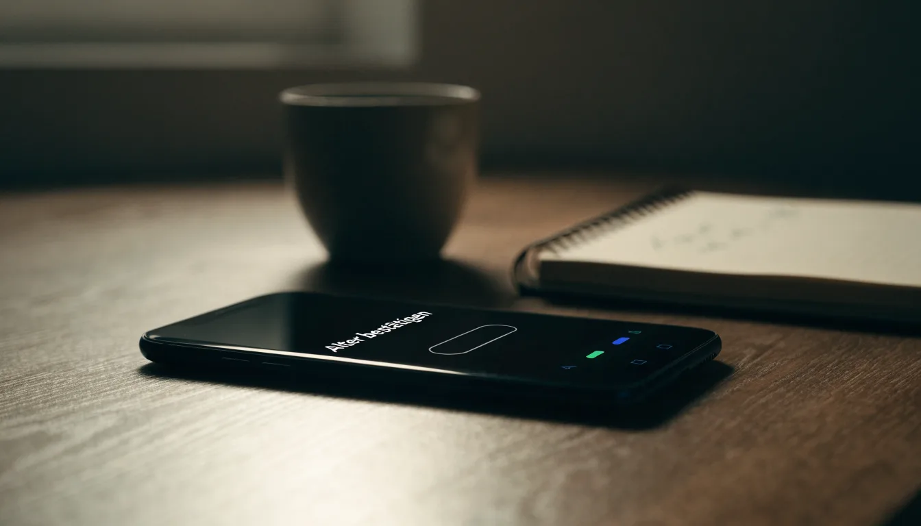 Ein Smartphone liegt mit dunklem Display auf einem Schreibtisch neben einem Notizbuch und einer Kaffeetasse.