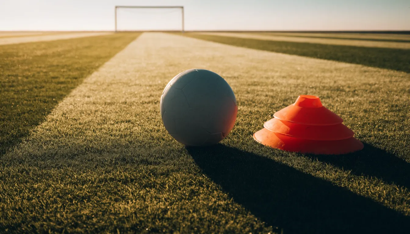 Ein Fußball liegt auf einem Rasenplatz bei Sonnenaufgang, daneben ein kleiner Stapel Trainingshütchen.