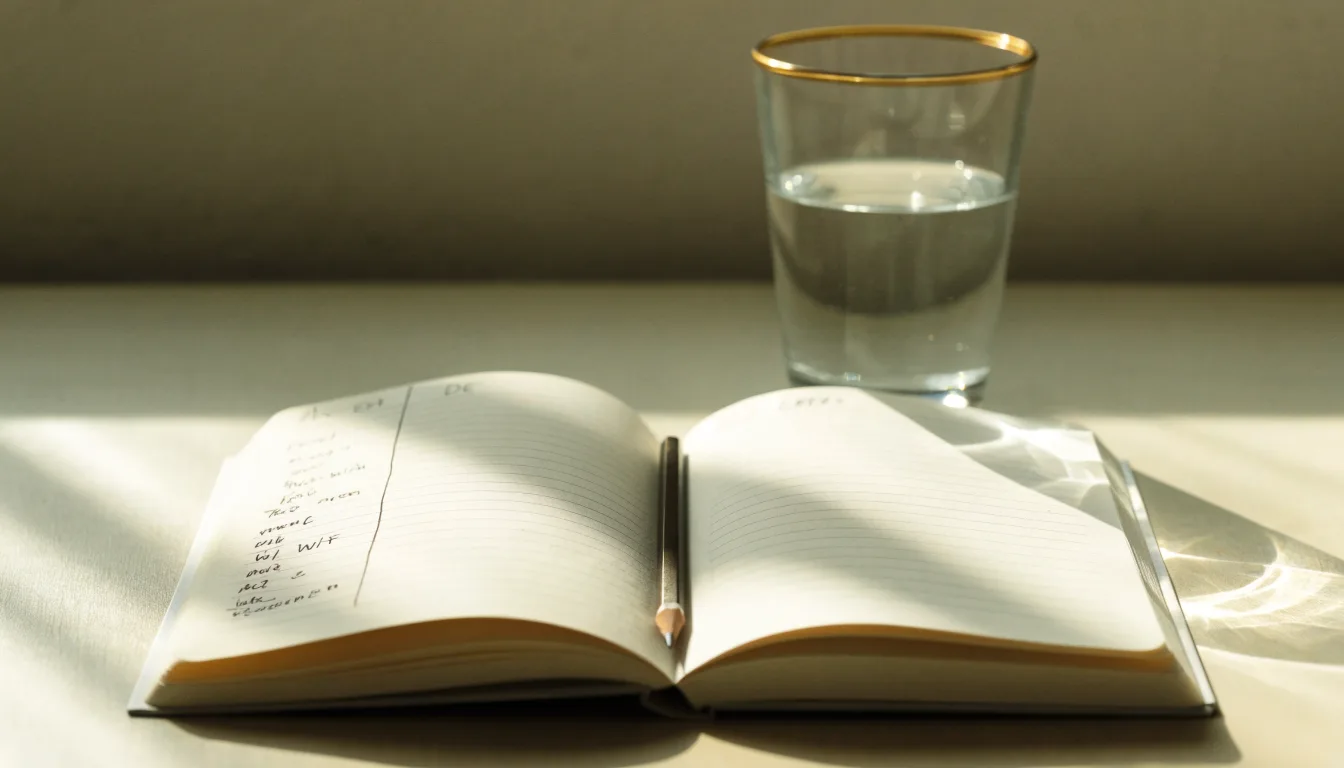 Ein Notizbuch mit handgezeichneten Spalten und ein Bleistift liegen auf einem hellen Holztisch neben einem Glas Wasser.