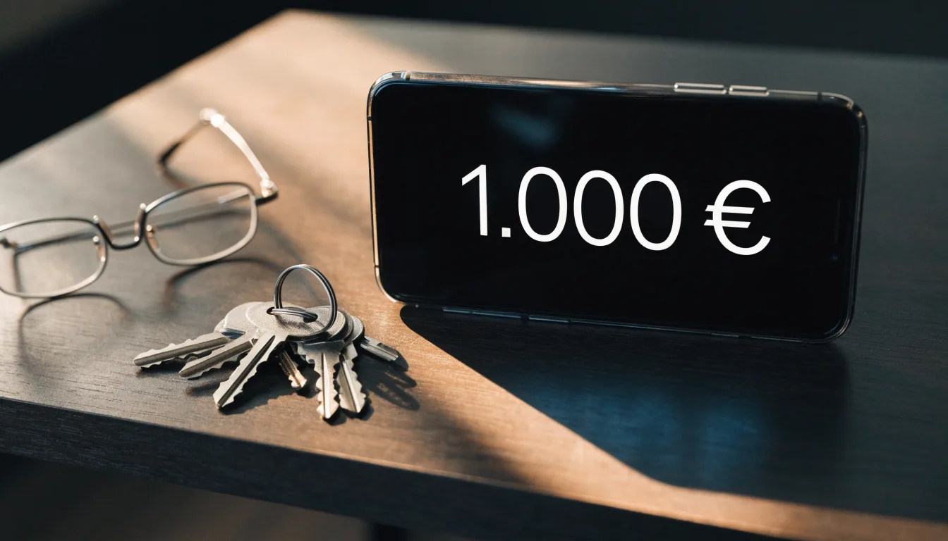 Ein Smartphone liegt mit dunklem Display auf einem Schreibtisch neben einem Schlüsselbund und einer Brille.