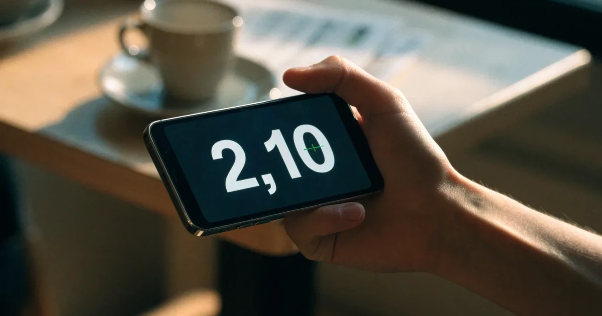 Eine Hand hält ein Smartphone mit dunklem Display, im Hintergrund unscharf ein Café-Tisch mit einer Tasse.