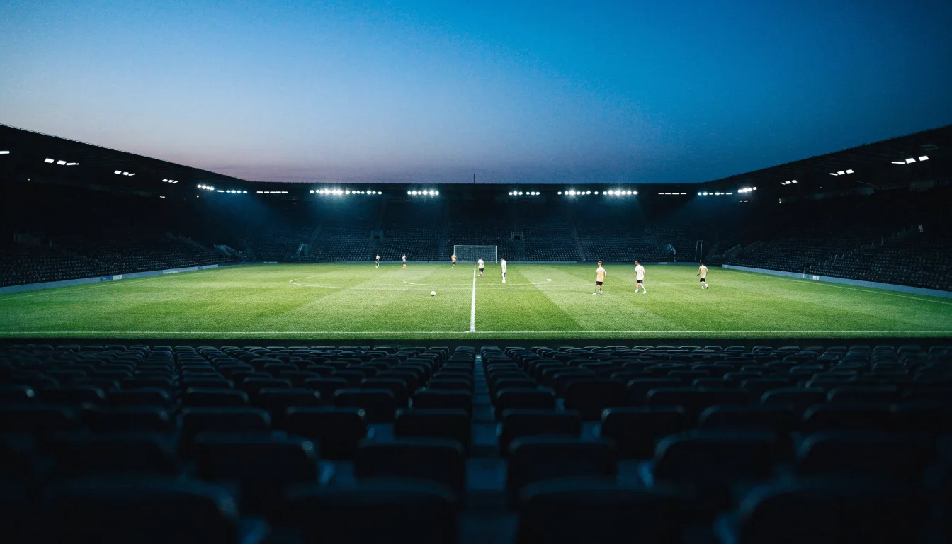 Eine leere Stadiontribüne unter Flutlicht aus der Ferne betrachtet, die Rasenfläche leuchtet grün in der Dämmerung.