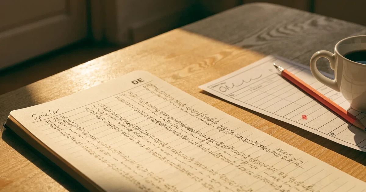 Handschriftliche Zahlenkolonnen in einem Notizbuch, daneben ein Bleistift und eine Tasse Kaffee auf hellem Holz.