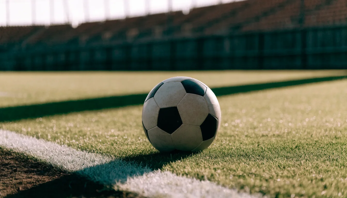 Ein Fußball liegt am Rand eines Rasens neben einer weißen Linie, im Hintergrund ein Zaun in der Abendsonne.